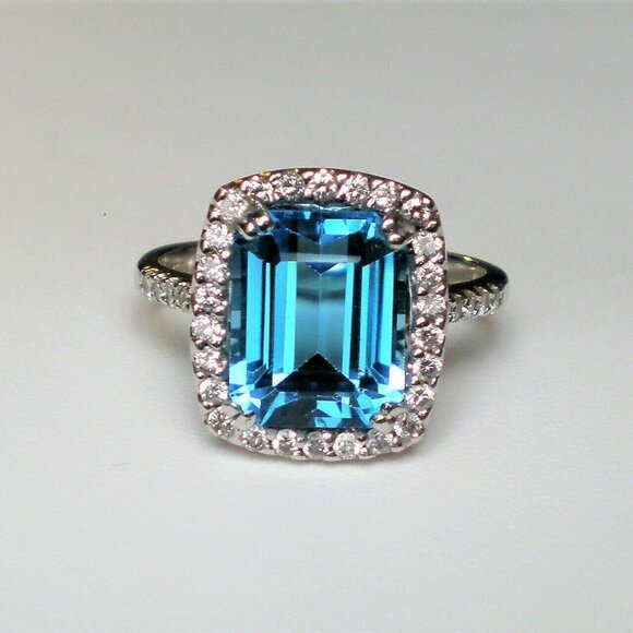 Vintage 18K White Gold 5.75CT Emerald Cut Blue Topaz Diamond Cluster Halo Ring P